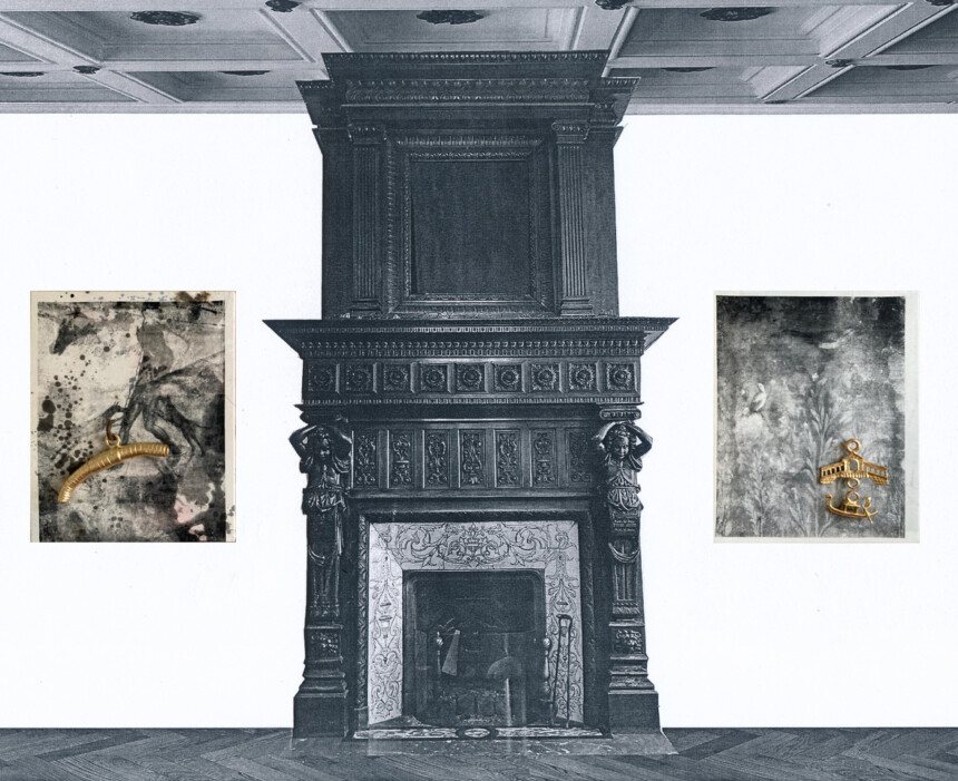 Ego in Arcadia, 2025, silk screen print on canvas, glazed ceramic, 24 carat gold leaf, steel, diptych, each panel 100 x 80 x 10 cm