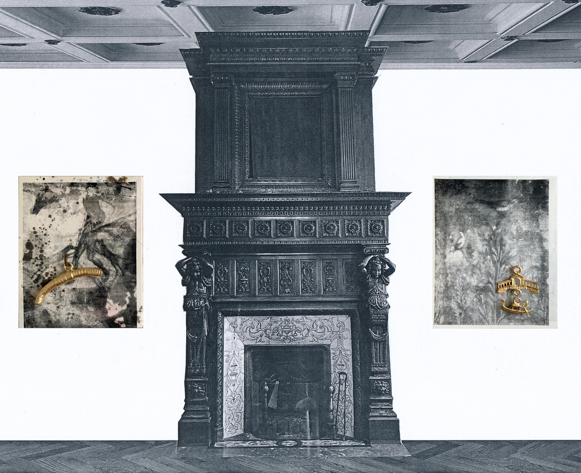 Ego in Arcadia, 2025, silk screen print on canvas, glazed ceramic, 24 carat gold leaf, steel, diptych, each panel 100 x 80 x 10 cm